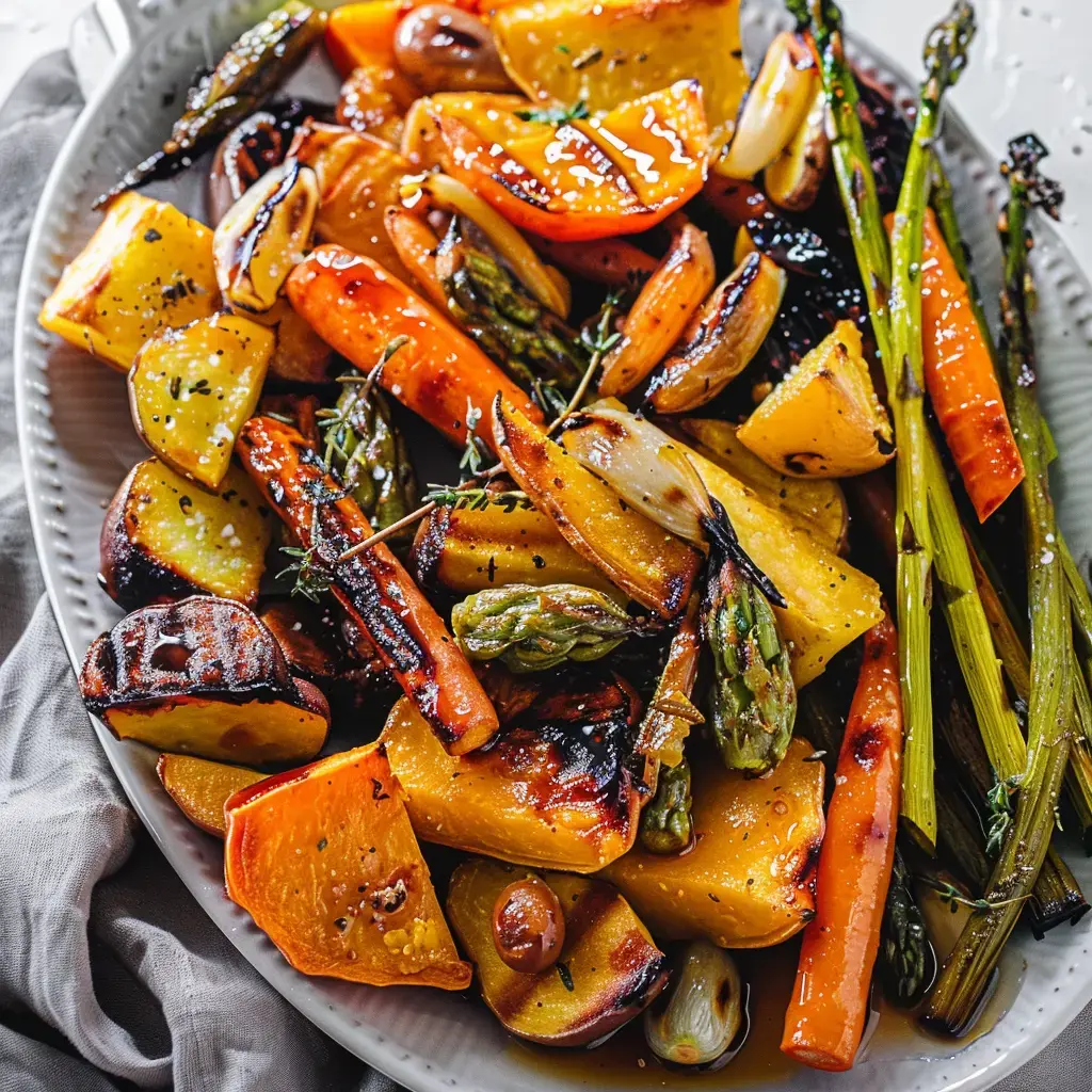 Un plat de légumes rôtis colorés comprenant des courges, des carottes, des oignons et des asperges, assaisonné d'herbes et d'huile.