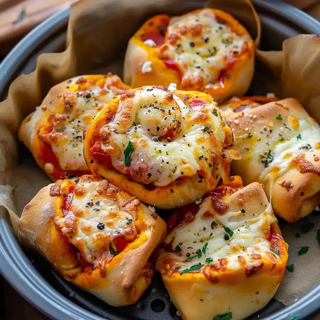 Une assiette de petits pains garnis de sauce tomate, de fromage fondant et assaisonnés d'herbes aromatiques.