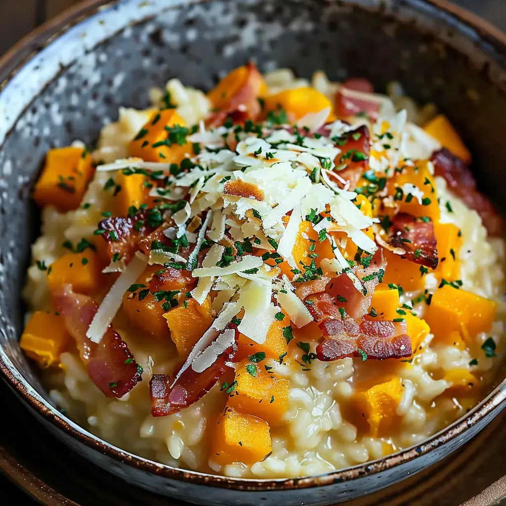 Un bol de risotto crémeux garni de morceaux de butternut, de lard croustillant et de fromage râpé.