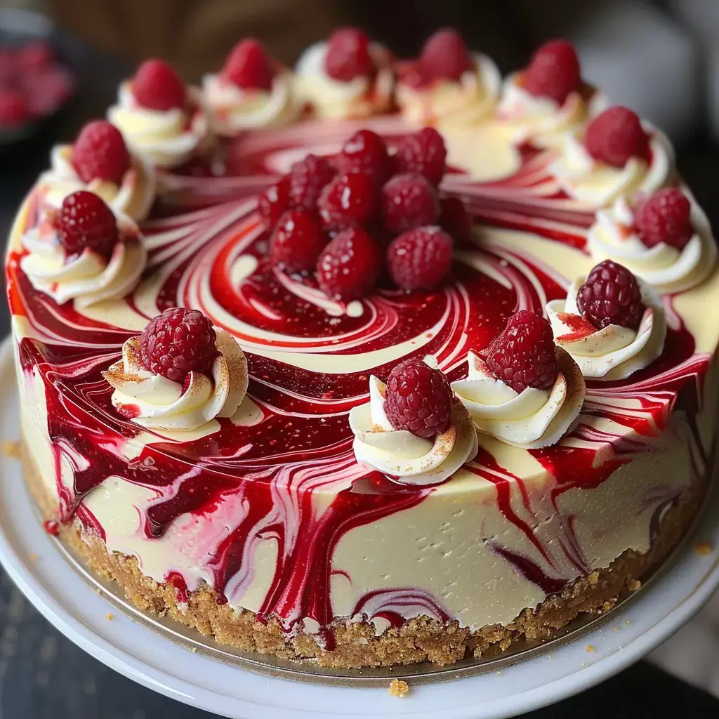 Un cheesecake décoré de framboises et de coulis rouge sur une base de biscuits dorés.