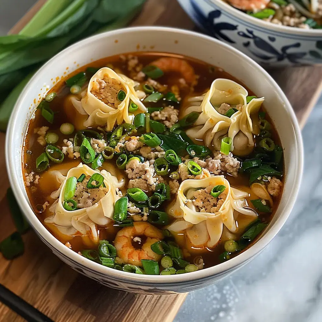 Bol de soupe contenant des raviolis farcis, des crevettes et des oignons verts.