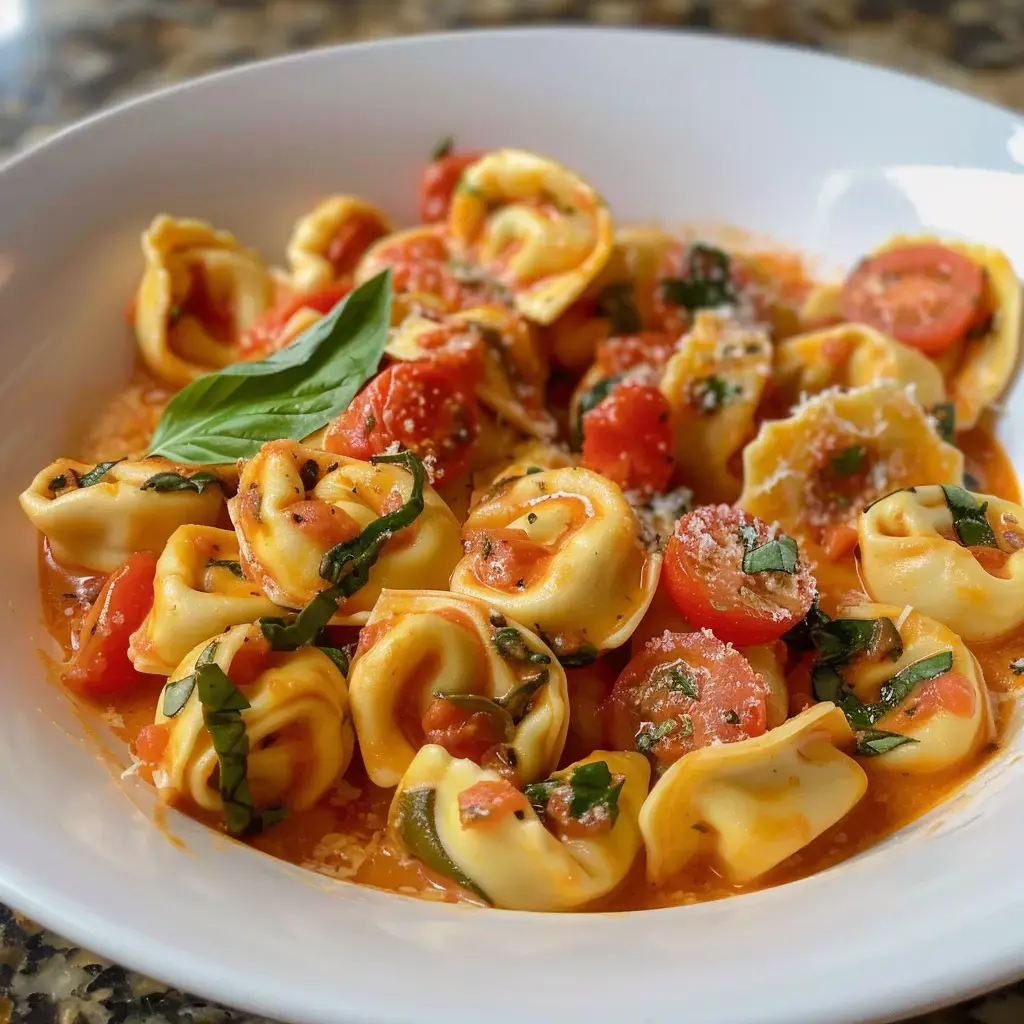 Un plat de tortellini garnis de tomates cerises et de basilic dans une sauce crémeuse.