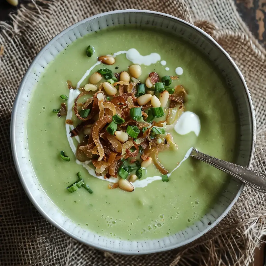 Une soupe verte garnie de ciboulette, de pignons de pin et d'oignons frits, servie dans un bol.