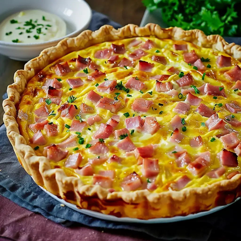 Tarte chaude garnie de dés de jambon et de fromage, entourée de verdure et accompagnée d'une sauce blanche.