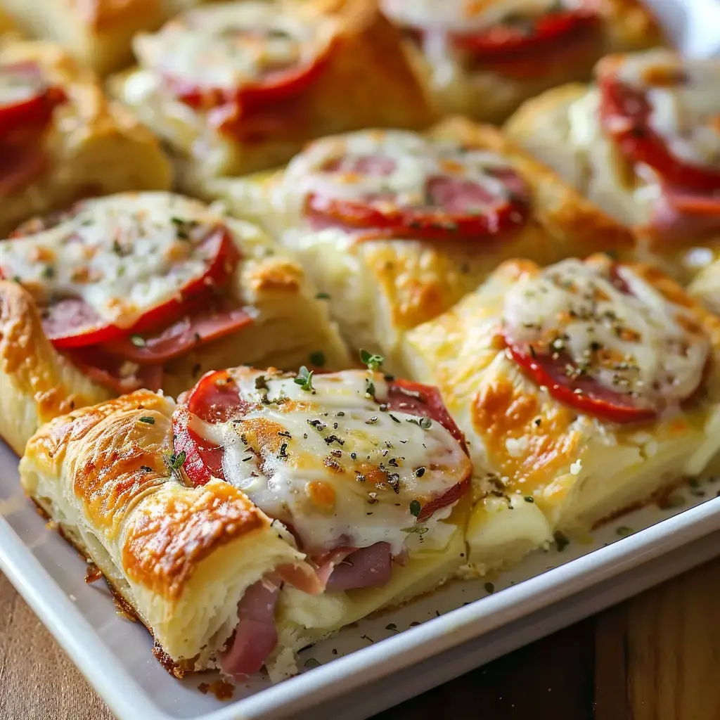 Des petits feuilletés garnis de jambon, tomate et fromage, saupoudrés d'herbes, disposés sur un plat.