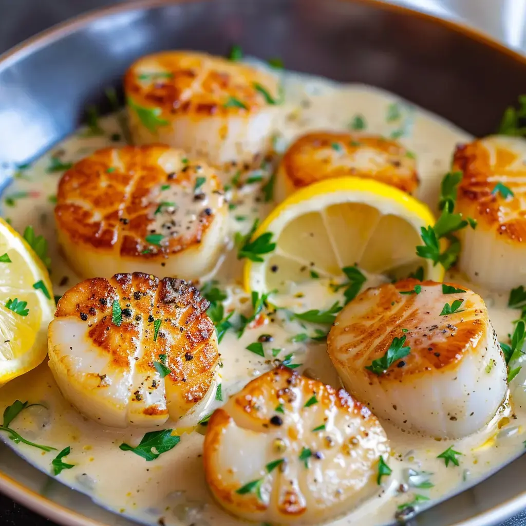 Des coquilles Saint-Jacques dorées servies dans une sauce crémeuse avec des tranches de citron et de la persillade.