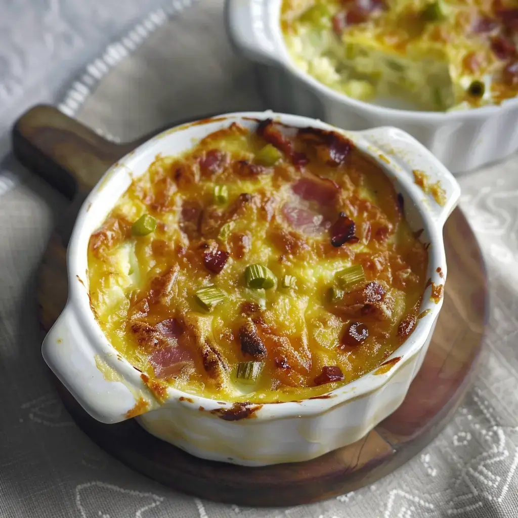 Des plats de gratin doré avec des morceaux de jambon et des oignons verts, servis dans des ramequins blancs.