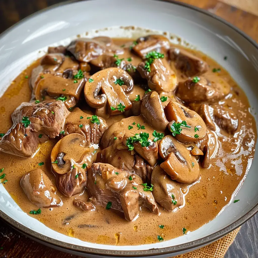 Un plat de viande tendre servi avec des champignons dans une sauce crémeuse, garni de persil.