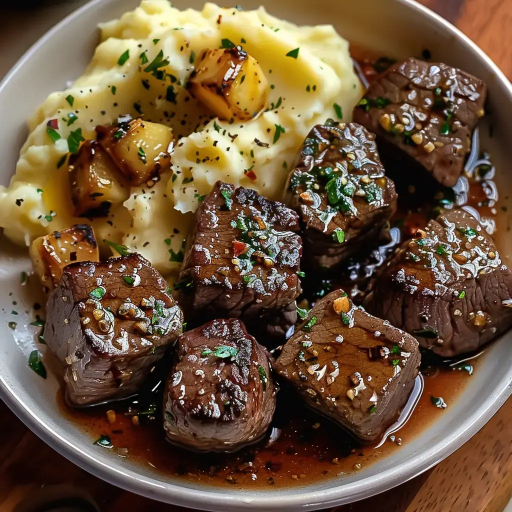 Un plat de morceaux de viande de boeuf tendre accompagnés de purée de pommes de terre et de morceaux de pommes dorées.