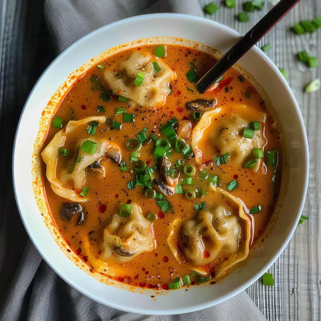 Bol de soupe épicée avec des raviolis, des oignons verts hachés et des champignons dans un bouillon crémeux.