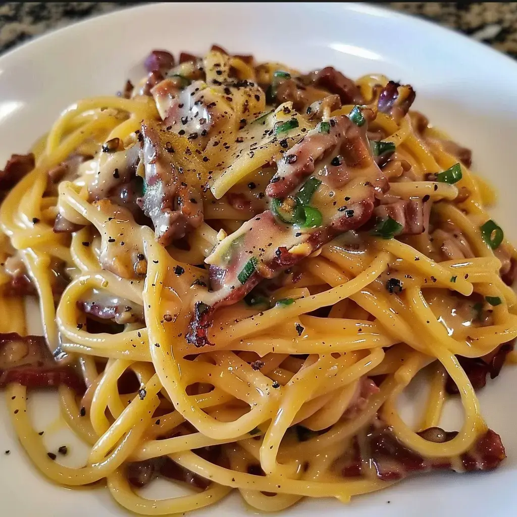 Une assiette de spaghetti garnie de sauce crémeuse, de morceaux de viande et d'oignons verts, saupoudrée de poivre noir.