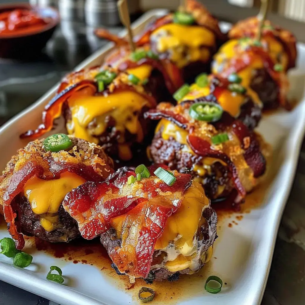 Boulettes de viande garnies de fromage cheddar, enroulées de bacon croustillant et décorées de légumes verts, servies sur un plat.