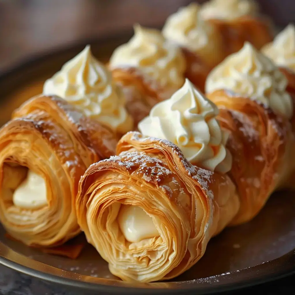 Des rouleaux de pâte feuilletée garnis de crème et surmontés de chantilly, saupoudrés de sucre glace.