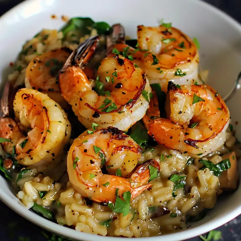 Un plat de risotto crémeux garni de crevettes grillées et de morceaux de persil frais.