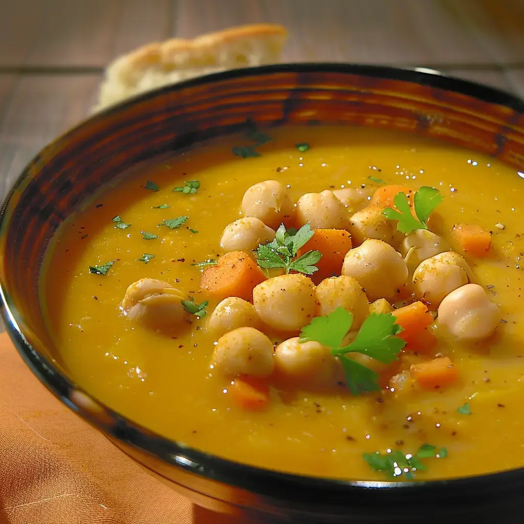 Une soupe crémeuse de courge garnie de pois chiches, carottes et persil frais dans un bol noir.