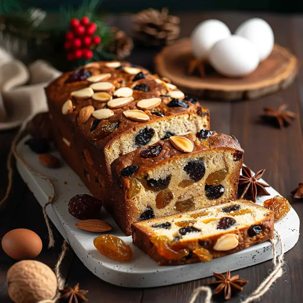 Un gâteau aux fruits secs, tranché et décoré d'amandes, est présenté sur une assiette avec des œufs et des épices environnantes.