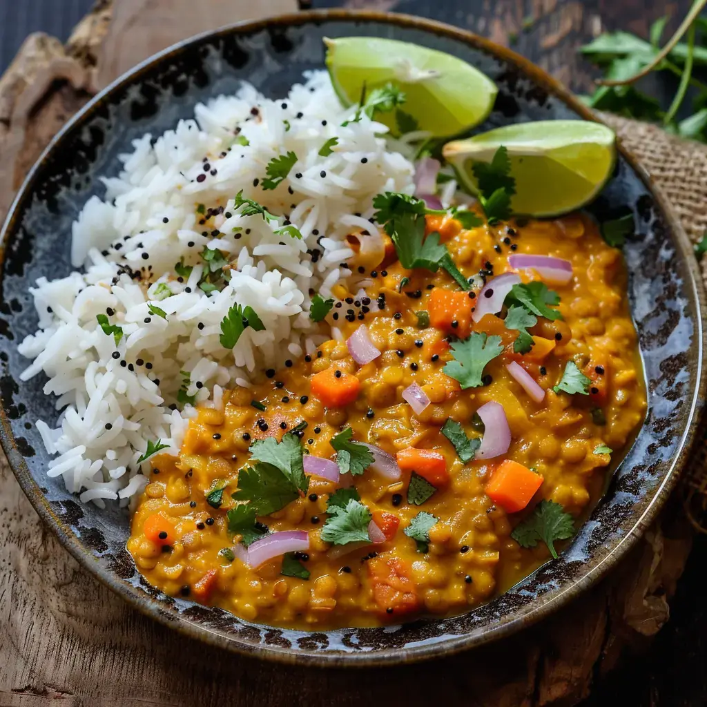 Un plat de lentilles accompagné de riz blanc, décoré de coriandre, oignons rouges et quartiers de citron vert.