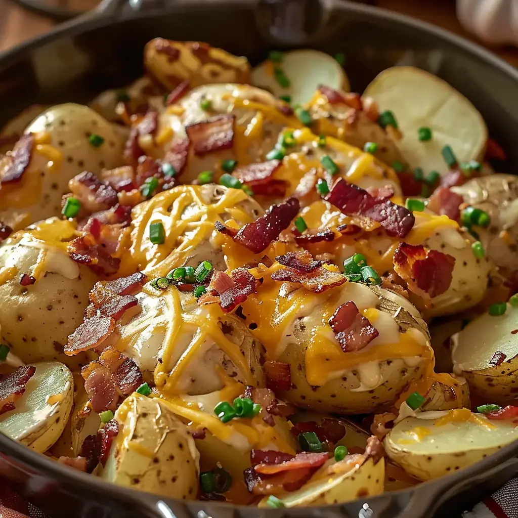 Un plat de pommes de terre garnies de fromage, de bacon et de ciboulette.