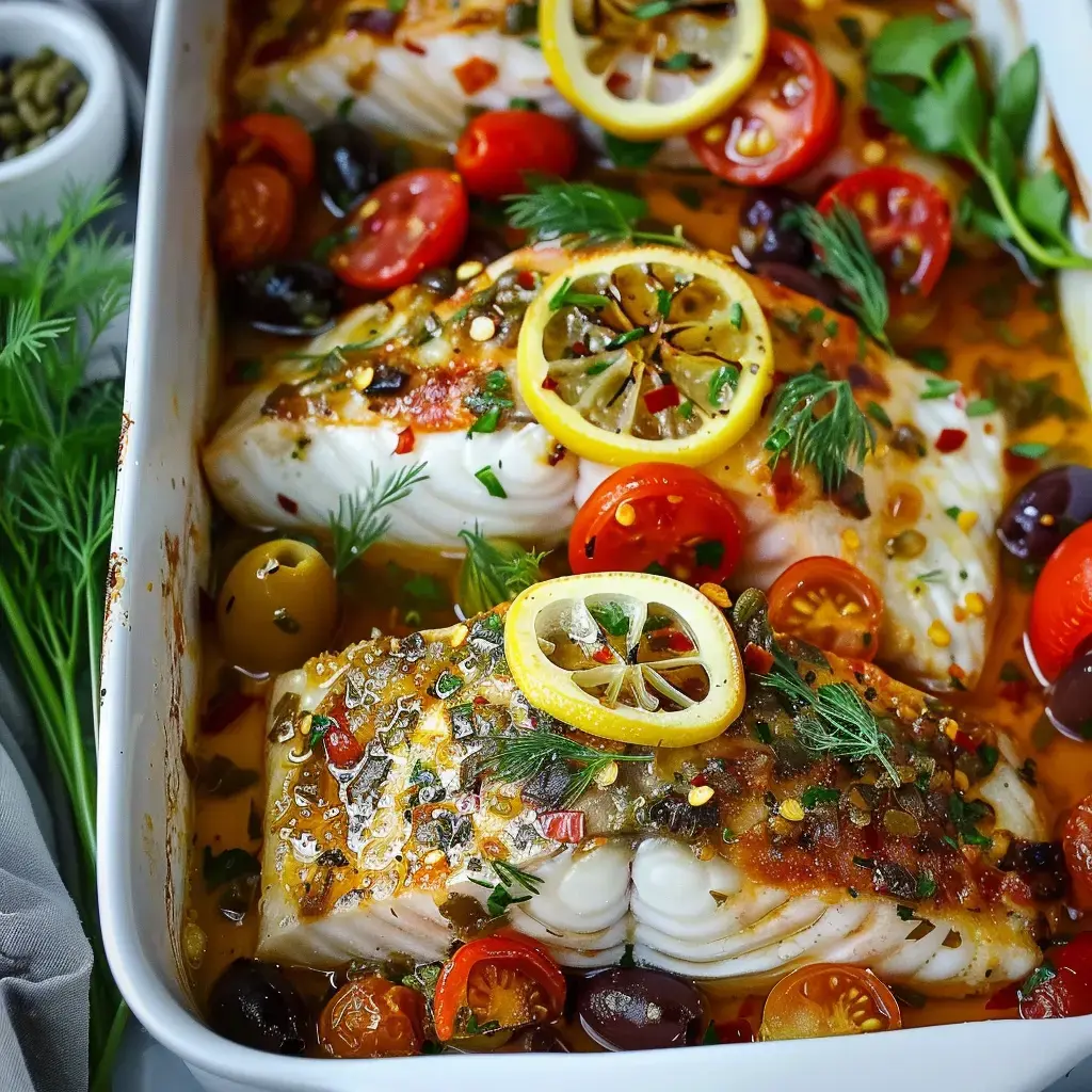 Filets de poisson cuisinés avec des tomates cerises, des olives, des rondelles de citron et des herbes dans un plat de cuisson.