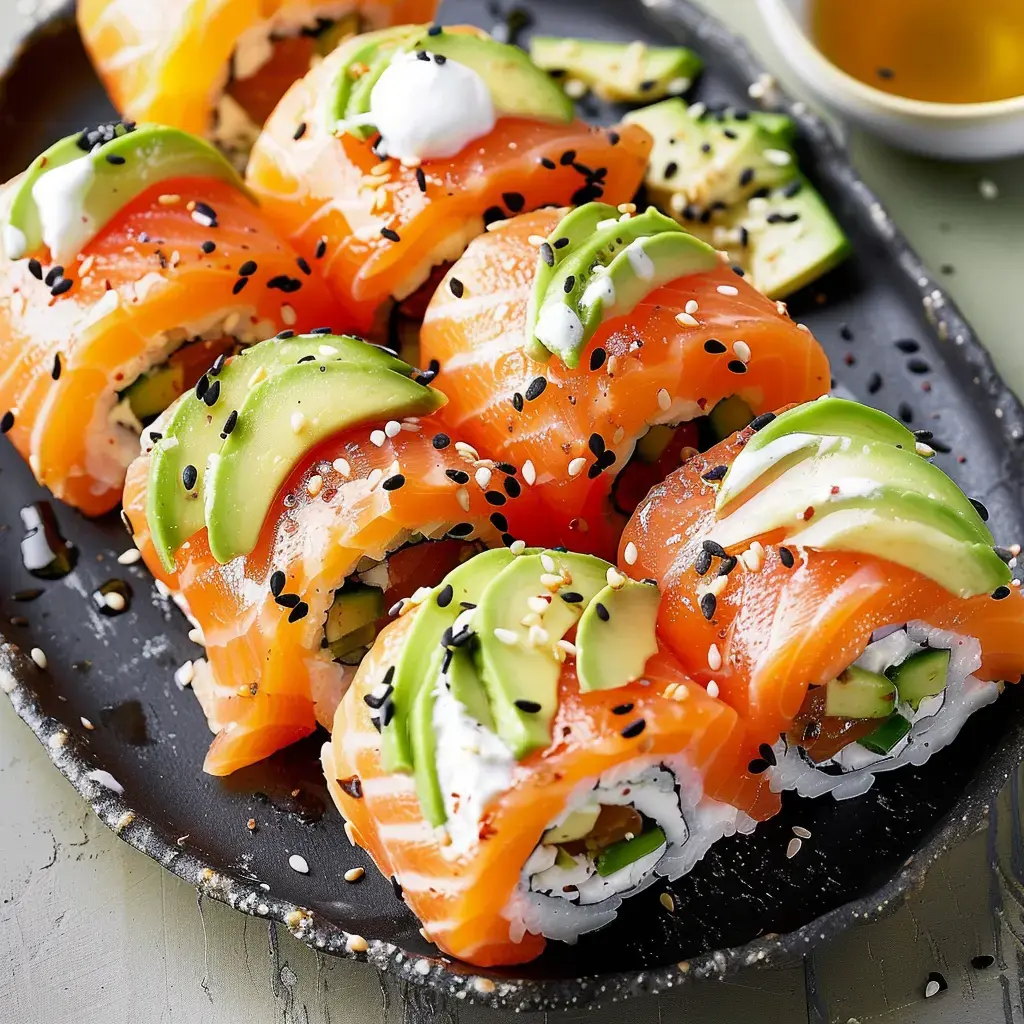 Des rouleaux de sushi saumon garnis d'avocat, de concombre et de mayonnaise, présentés sur une assiette noire, avec des graines de sésame et une petite sauce à côté.