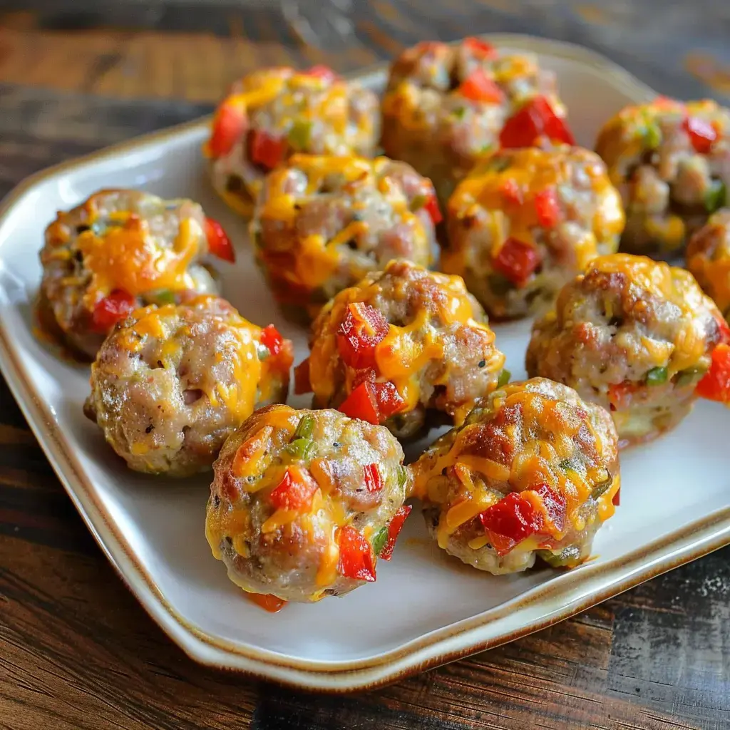 Des boulettes de viande garnies de fromage cheddar et de morceaux de poivron sur une assiette.