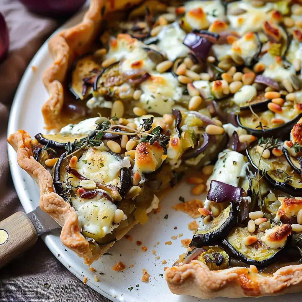 Une tarte aux légumes garnie de fromage, pignons de pin et herbes, avec une part découpée.