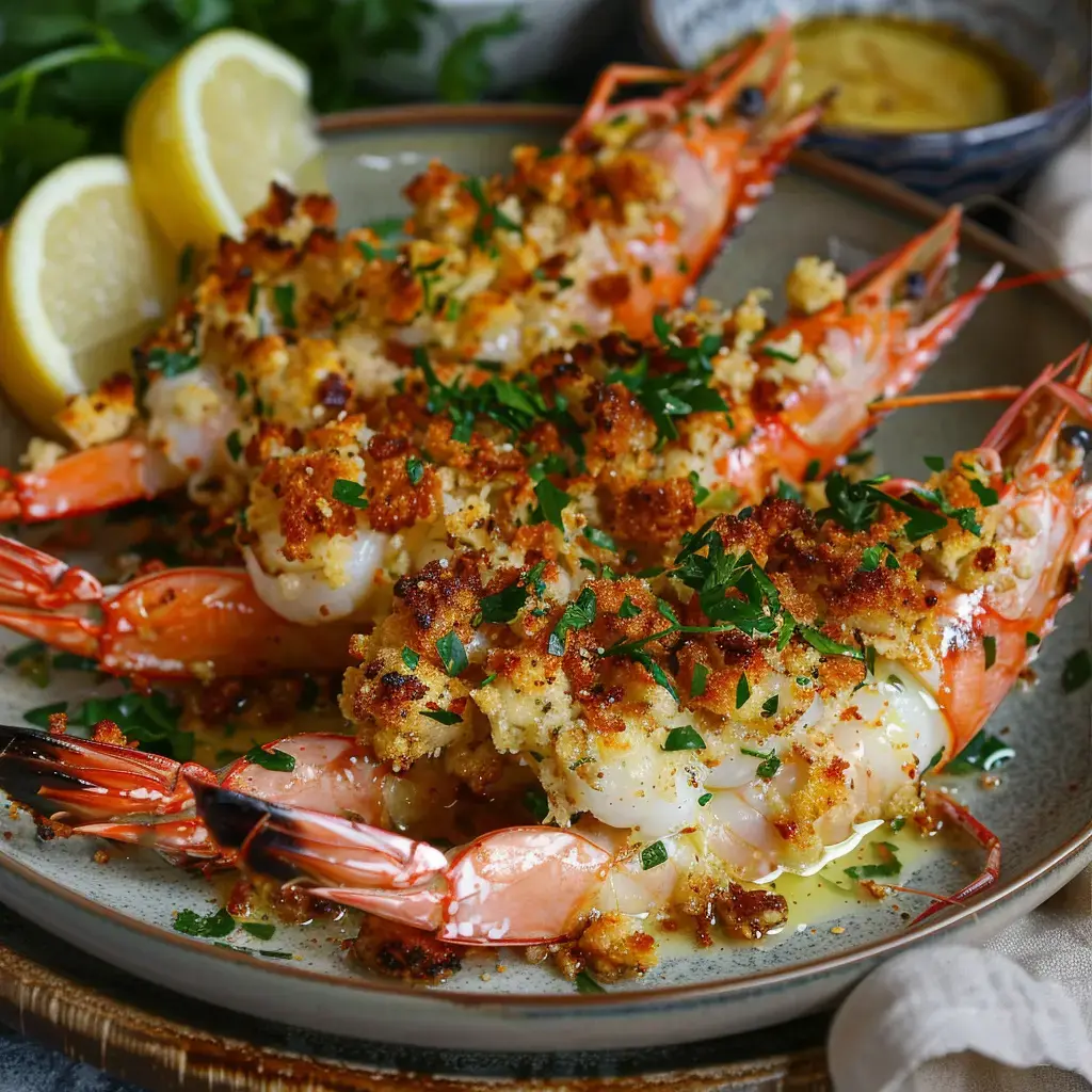 Gambas gratinées, garnies de chapelure dorée et de persil, accompagnées de quartiers de citron.