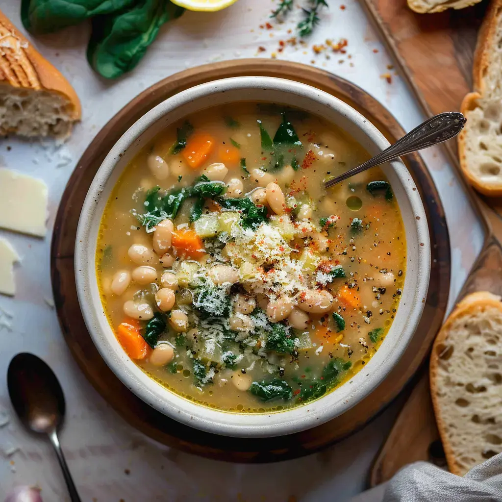 Un bol de soupe aux haricots blancs, épinards et carottes, garni de fromage râpé et accompagné de pain croustillant.