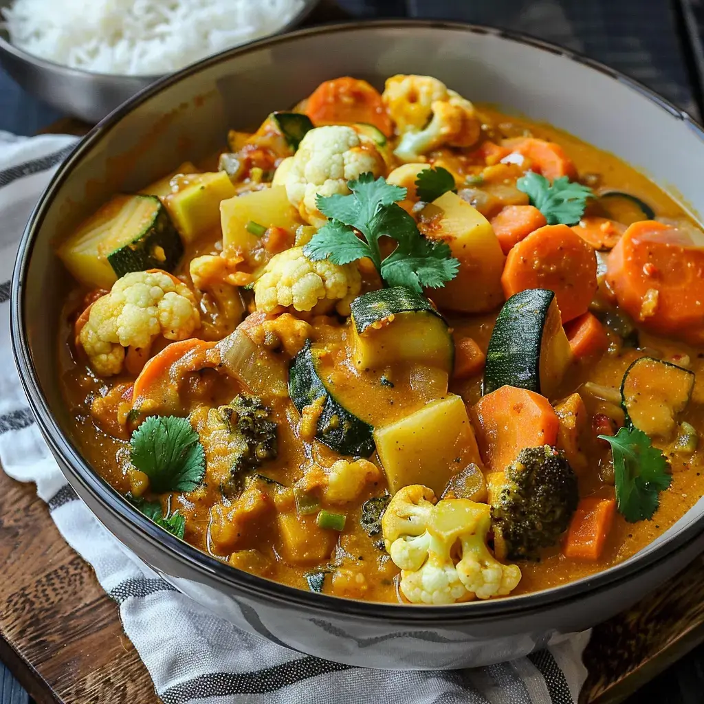 Un bol de curry aux légumes, garni de coriandre fraîche, avec du riz en arrière-plan.