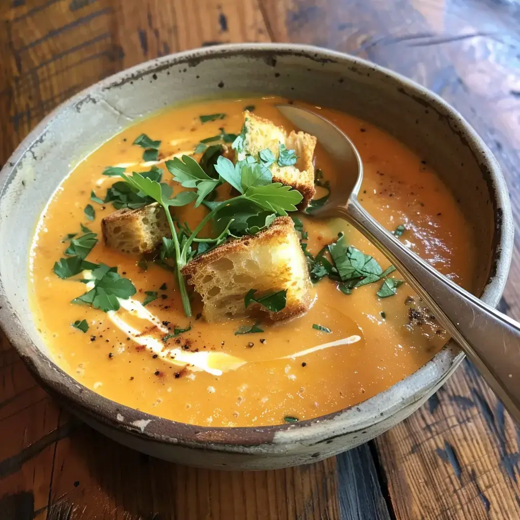 Un bol de soupe orange, garni de morceaux de pain grillé et de feuilles de persil, est posé sur une table en bois.