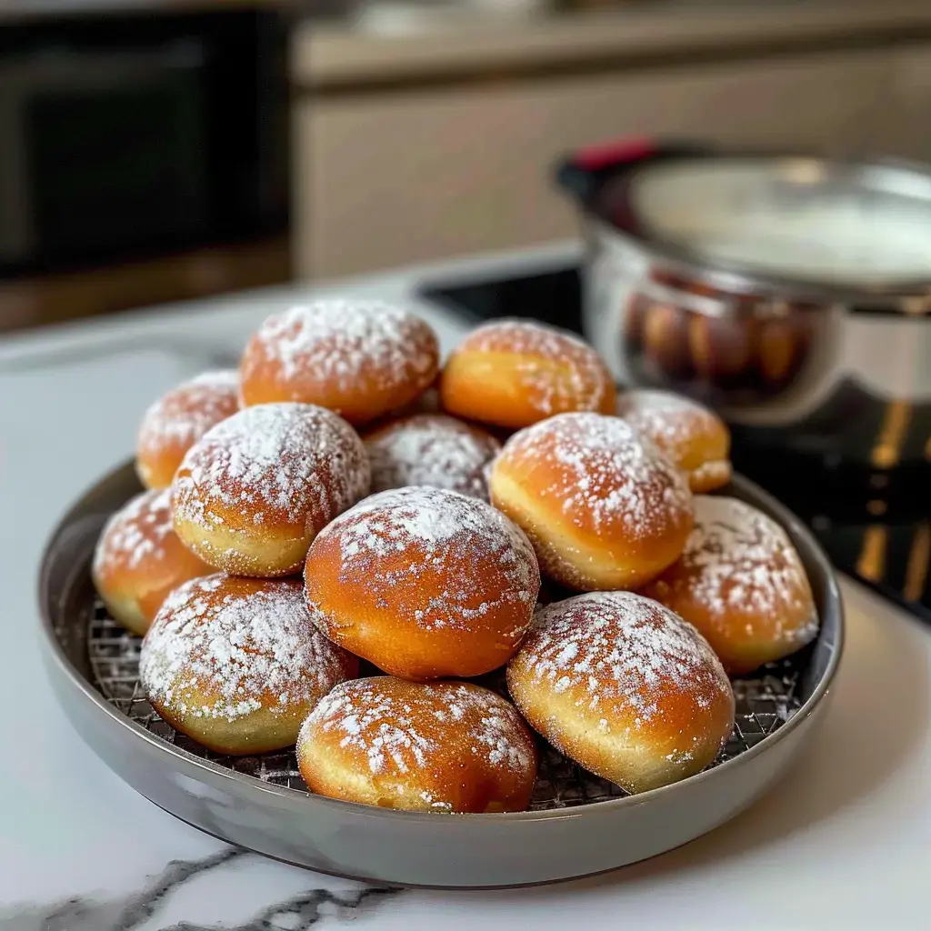 Une assiette de beignets saupoudrés de sucre glace, disposés en tas, avec une casserole en arrière-plan.