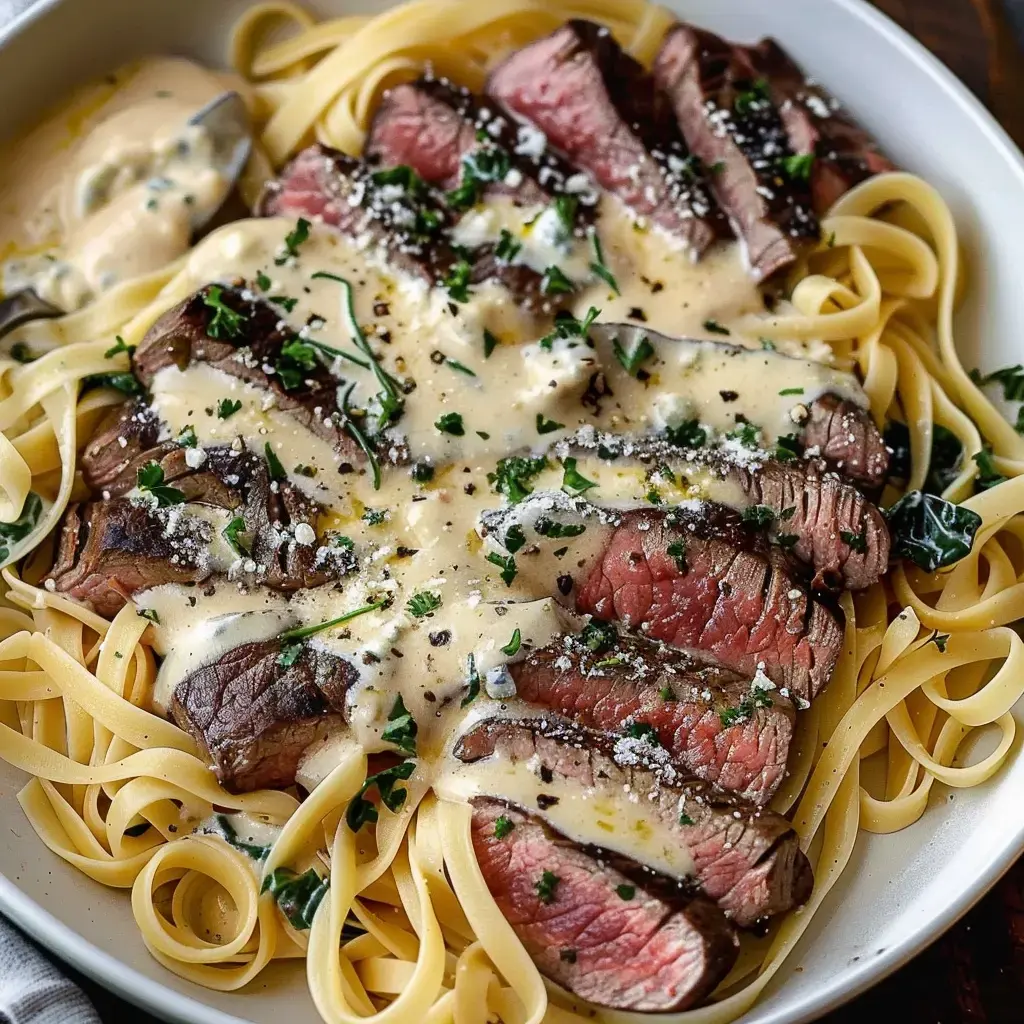 Un plat de pâtes fettuccine garni de tranches de steak tendre et nappé d'une sauce crémeuse, parsemé de persil frais.