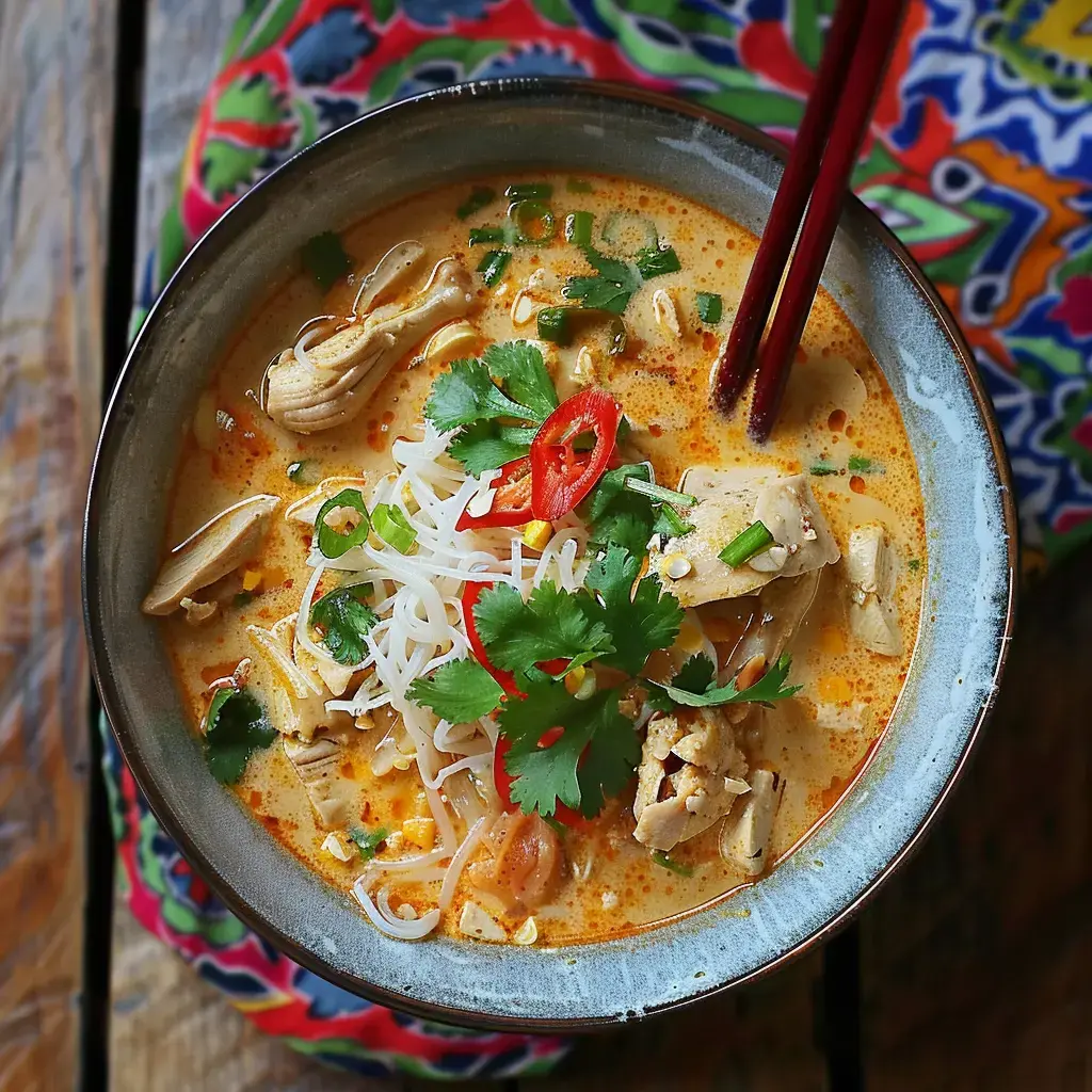 Un bol de soupe crémeuse avec du poulet, des nouilles, des herbes fraîches et des piments rouges, posé sur une nappe colorée.