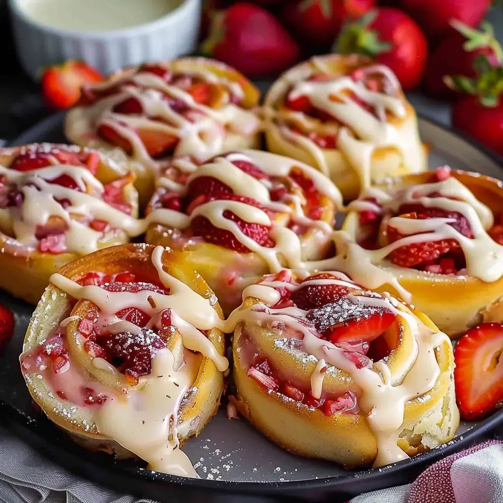 Des roulés sucrés garnis de fraises et nappés d'un glaçage crémeux.