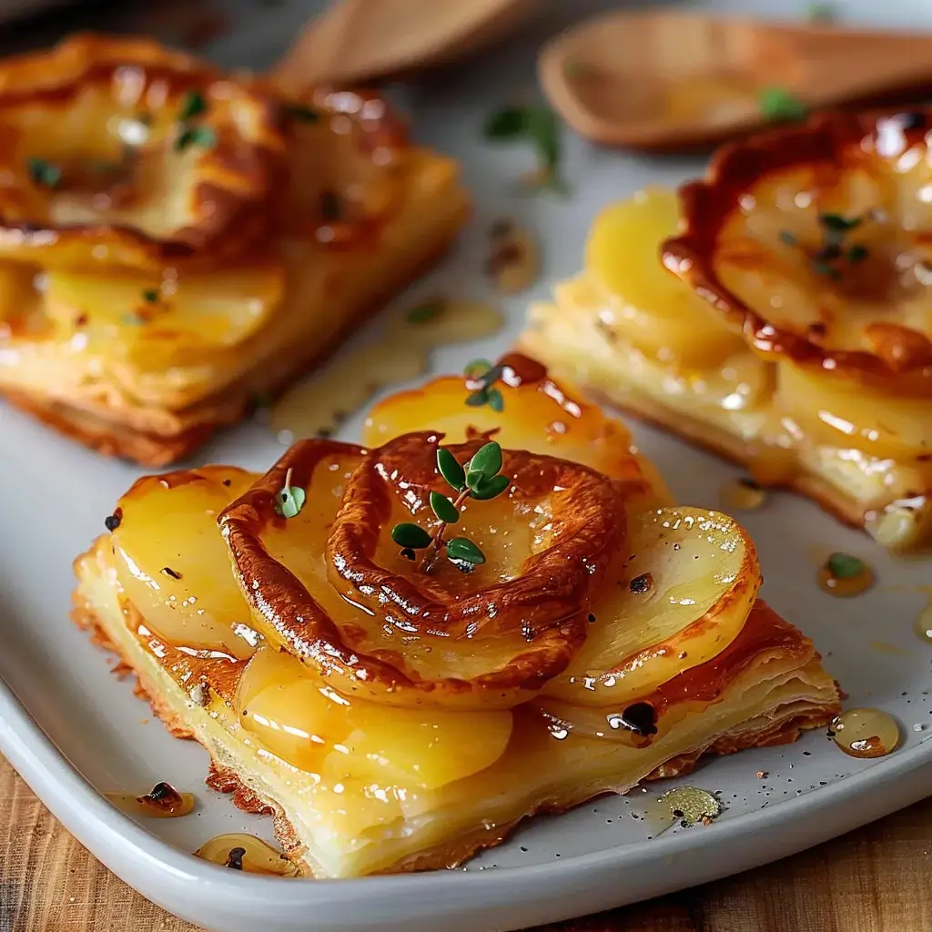 Tartes feuilletées aux pommes caramélisées garnies d'herbes sur une assiette.