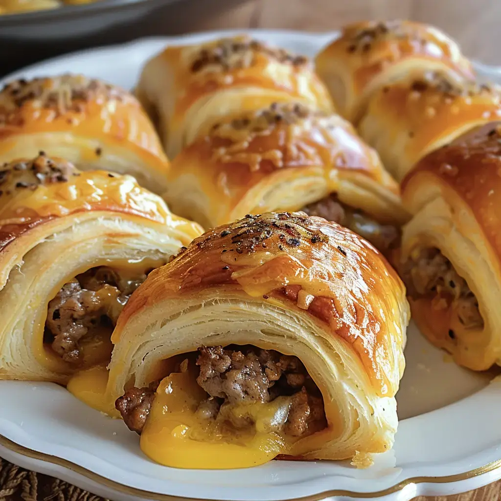 Des roulés feuilletés dorés garnis de viande hachée et de fromage fondant.