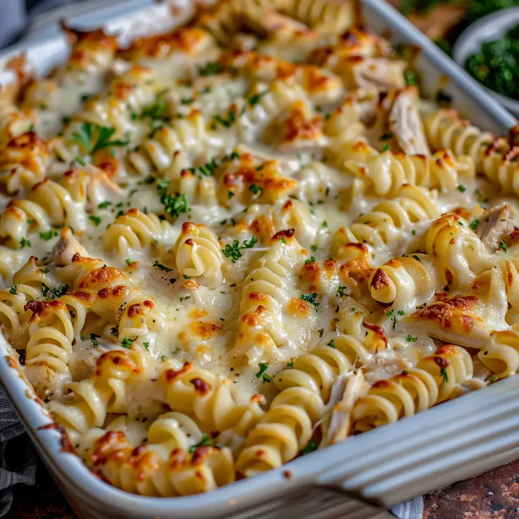 Un plat de pâtes cuit au four, recouvert de fromage doré et parsemé de persil.