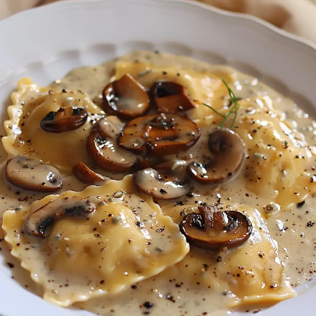 Des raviolis garnis de fromage dans une sauce crémeuse, garnis de champignons sautés.