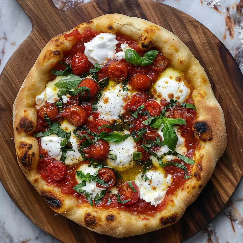 Une pizza garnie de tomates cerises, de mozzarella, de basilic frais et d'huile d'olive, présentée sur une planche en bois.