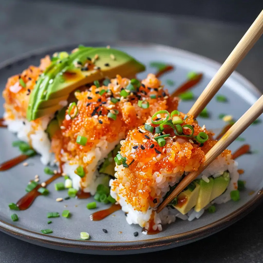 Des sushis garnis d'avocat, de petits oignons verts et de poisson, présentés sur une assiette grise.