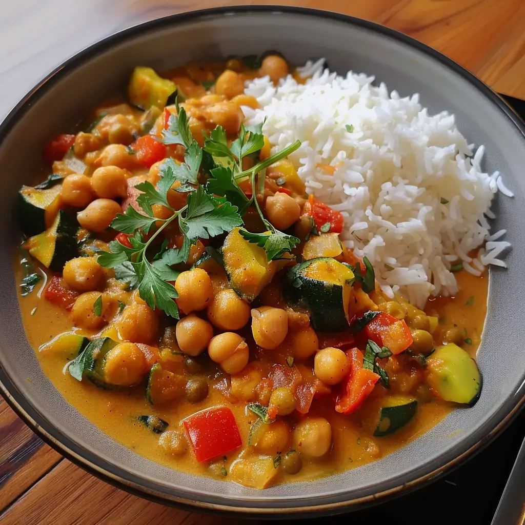 Un bol de curry de pois chiches aux légumes, accompagné de riz blanc et garni de coriandre fraîche.