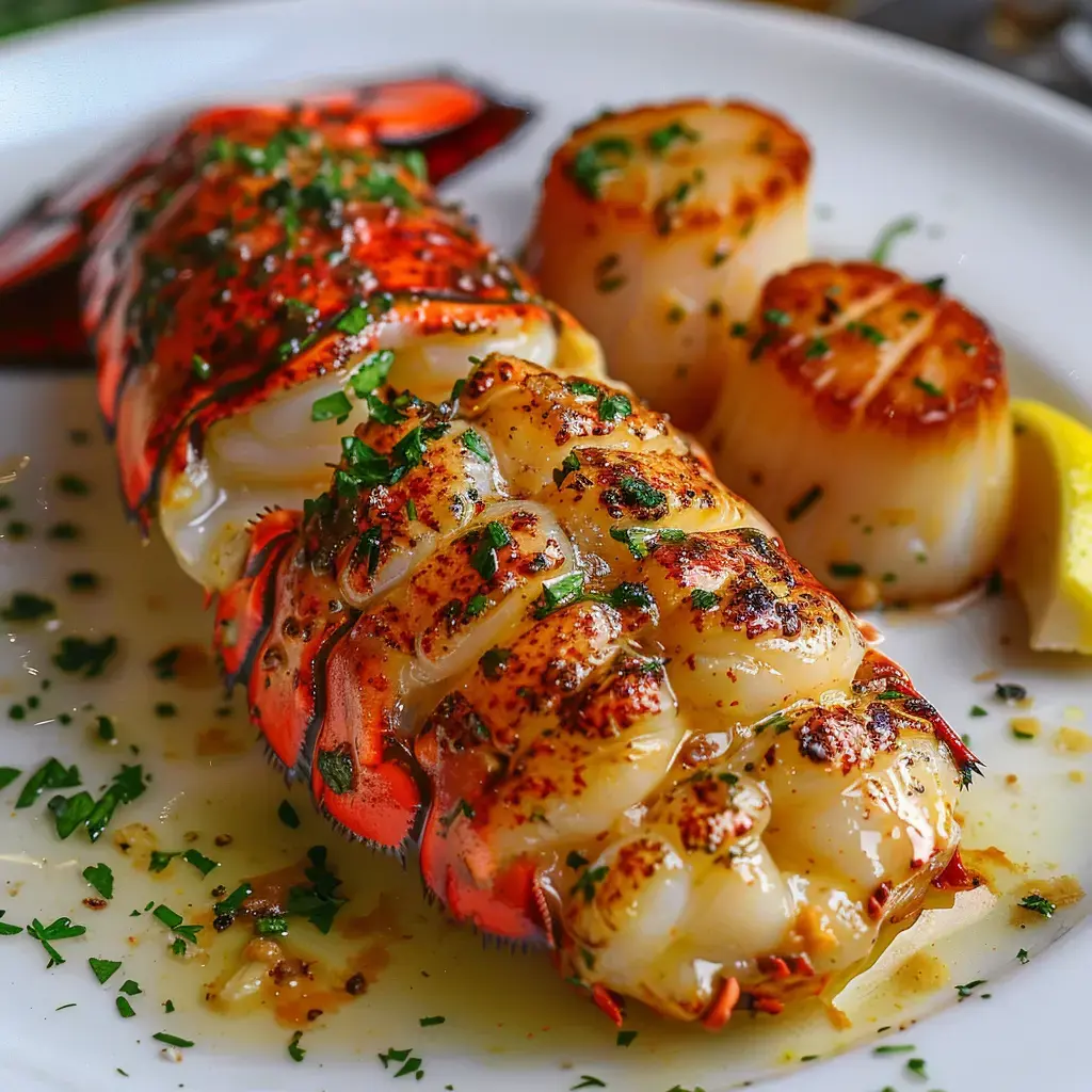 Un homard grillé accompagné de noix de Saint-Jacques et de tranches de citron, le tout décoré de persil.