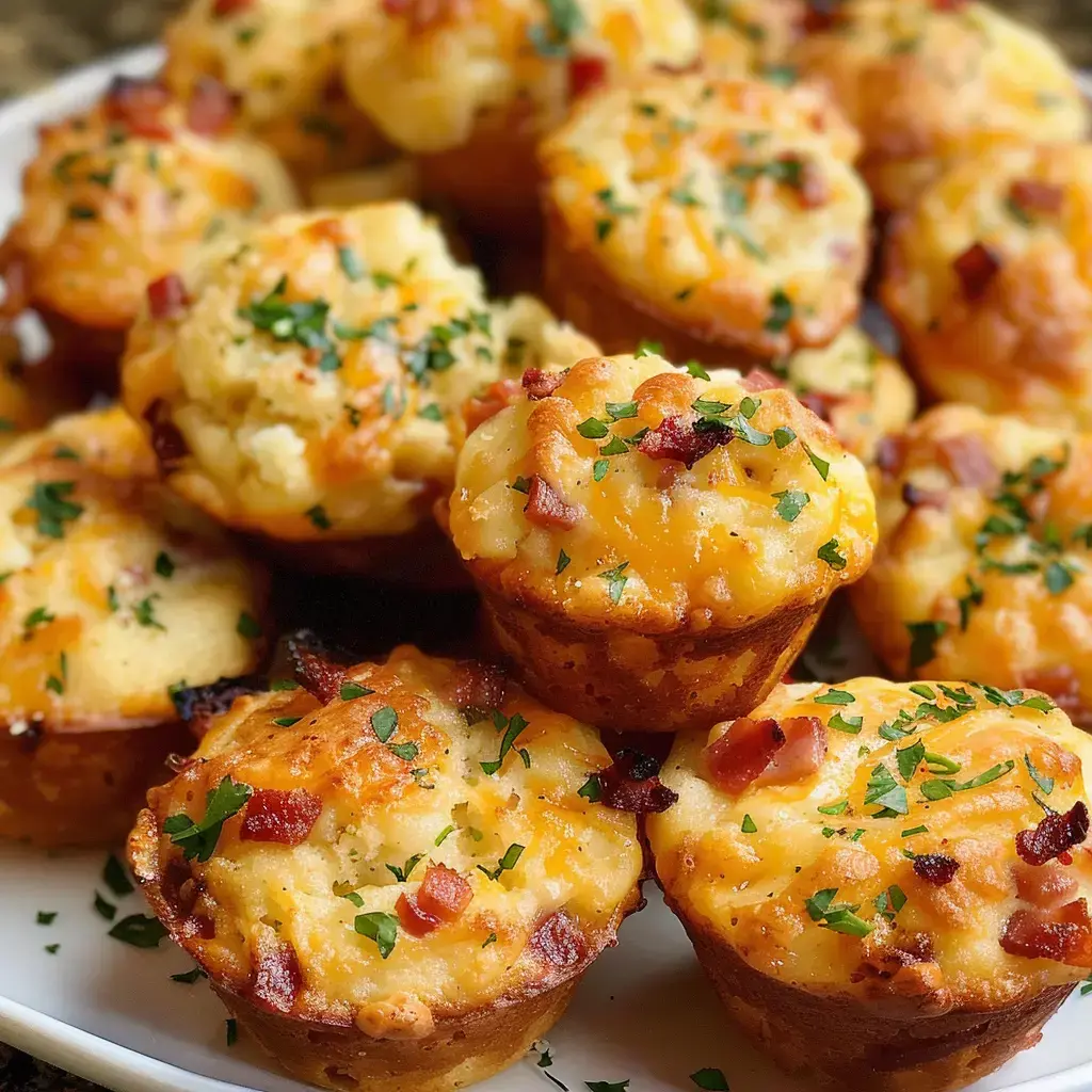 Des muffins salés garnis de fromage, de bacon et de persil, disposés sur un plat.