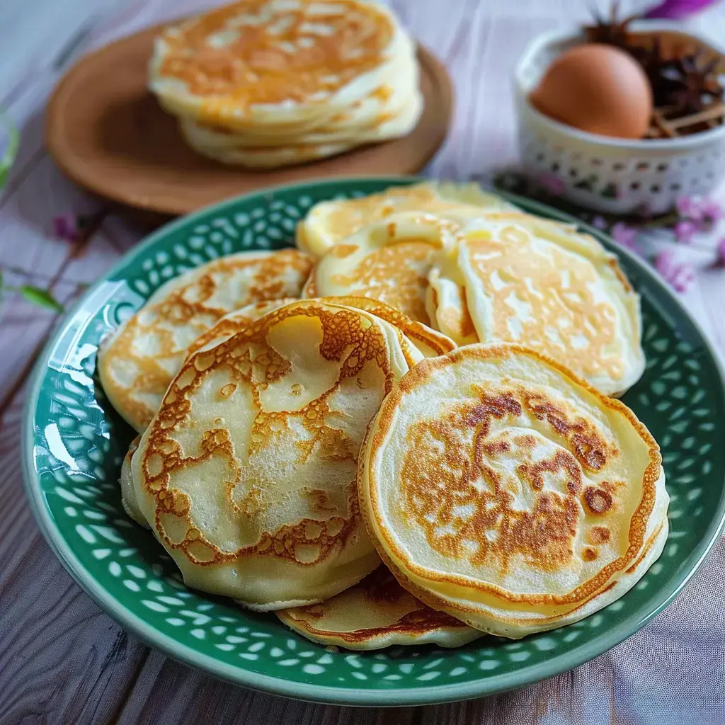 Une assiette de pancakes dorés, accompagnée d'un œuf et d'épices, sur une table en bois.