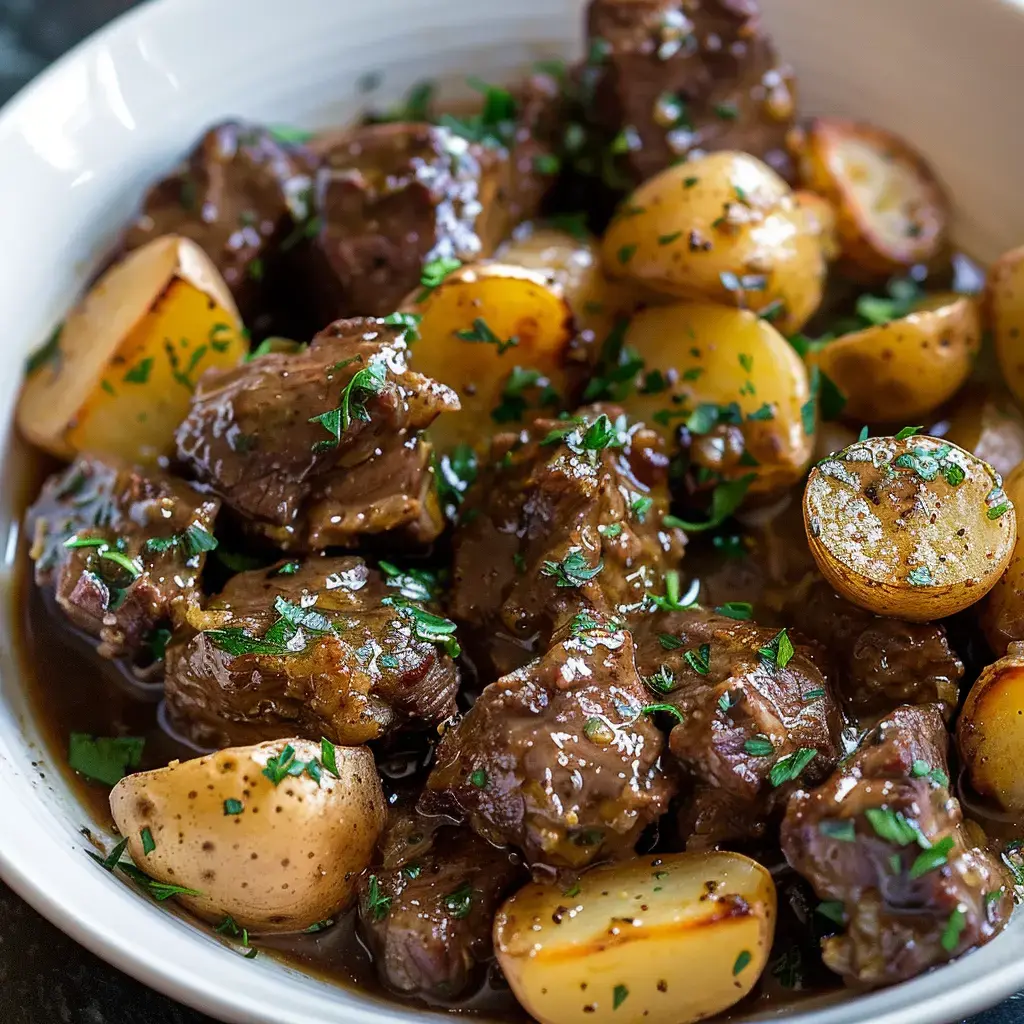 Un plat de viande tendre mijotée avec des pommes de terre et garni de persil.