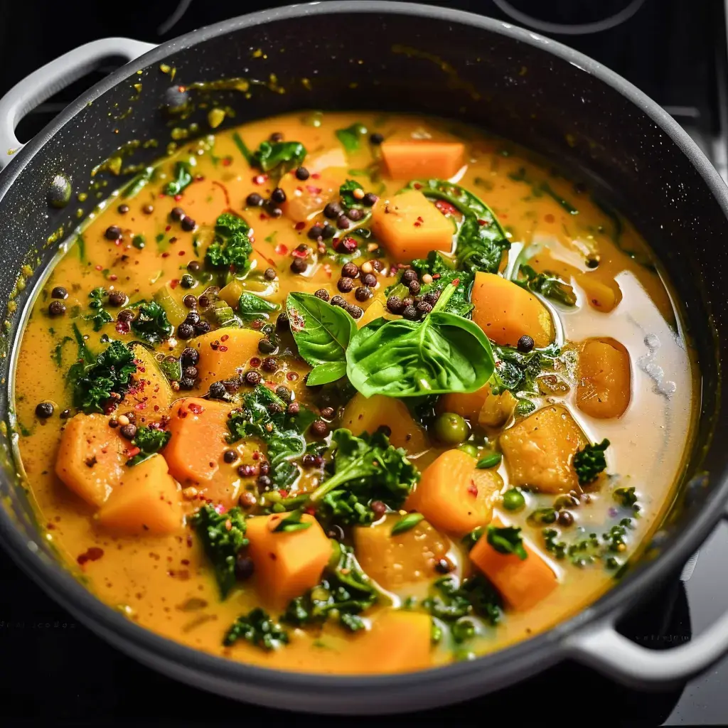 Une casserole de soupe onctueuse avec des morceaux de courge, de chou frisé et des épices colorées.