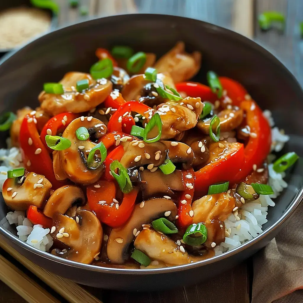 Un bol de riz garni de poulet sauté, de champignons, de poivrons rouges et d'oignons verts, le tout parsemé de graines de sésame.