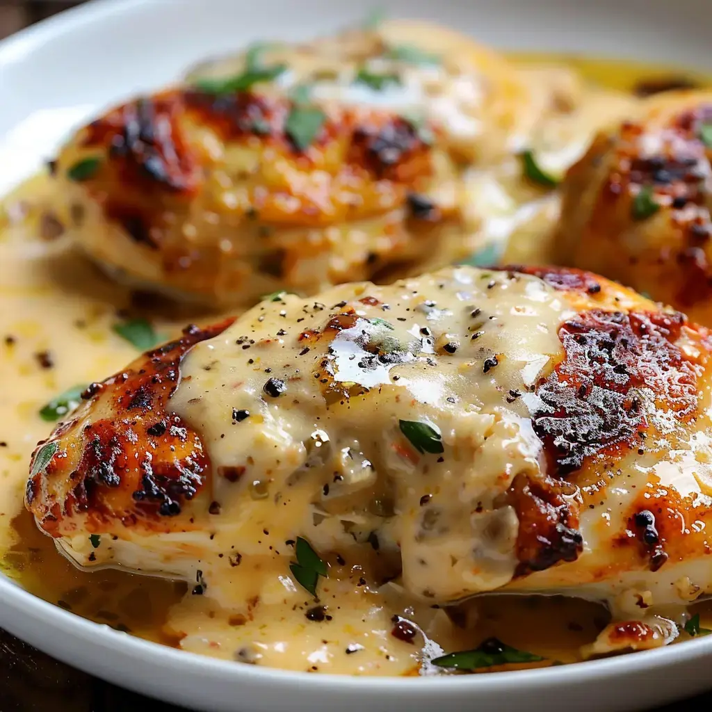 Un plat de poulet grillé nappé d'une sauce crémeuse avec des herbes fraîches.