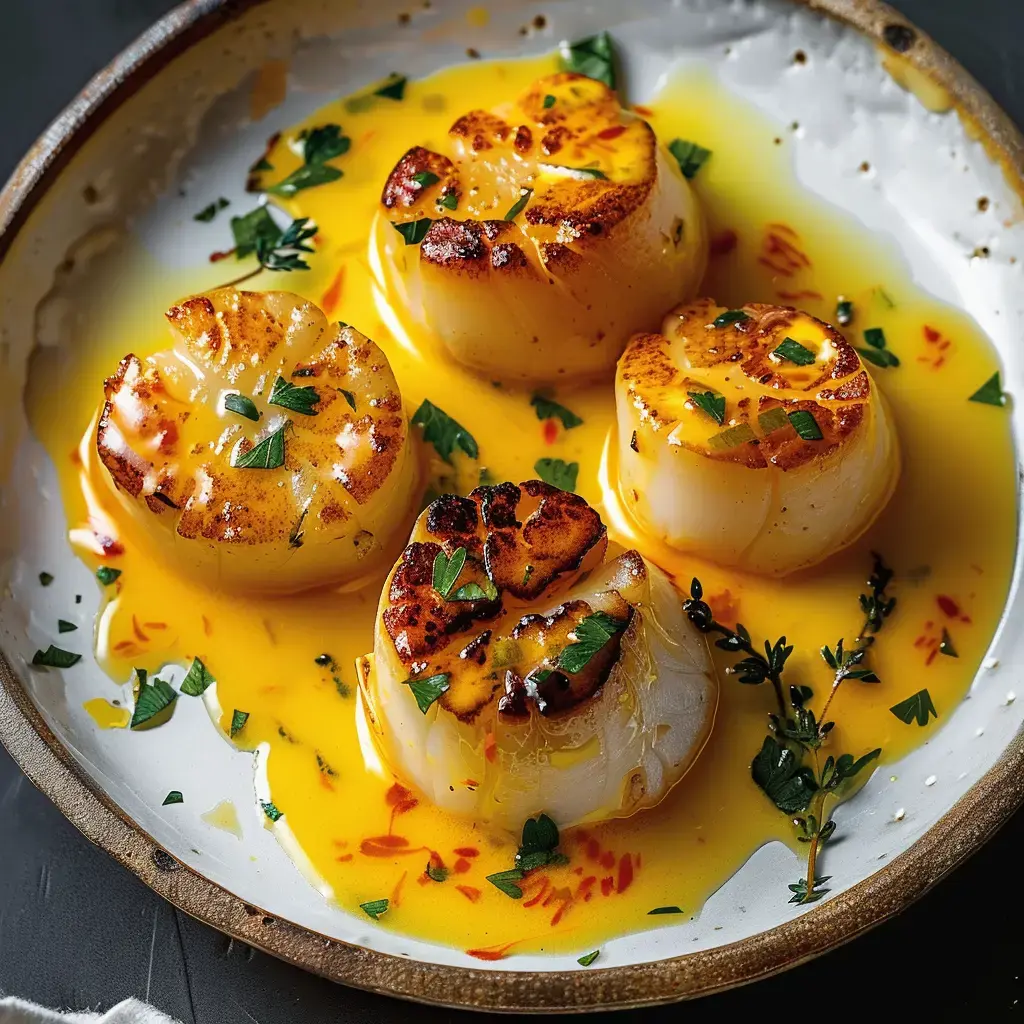 Quatre noix de Saint-Jacques légèrement dorées, servies dans une assiette avec une sauce jaune et garnies de fines herbes.