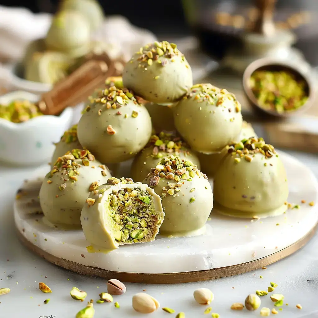 Des boules de chocolat blanc garnies de pistaches, présentées sur un plateau en marbre.